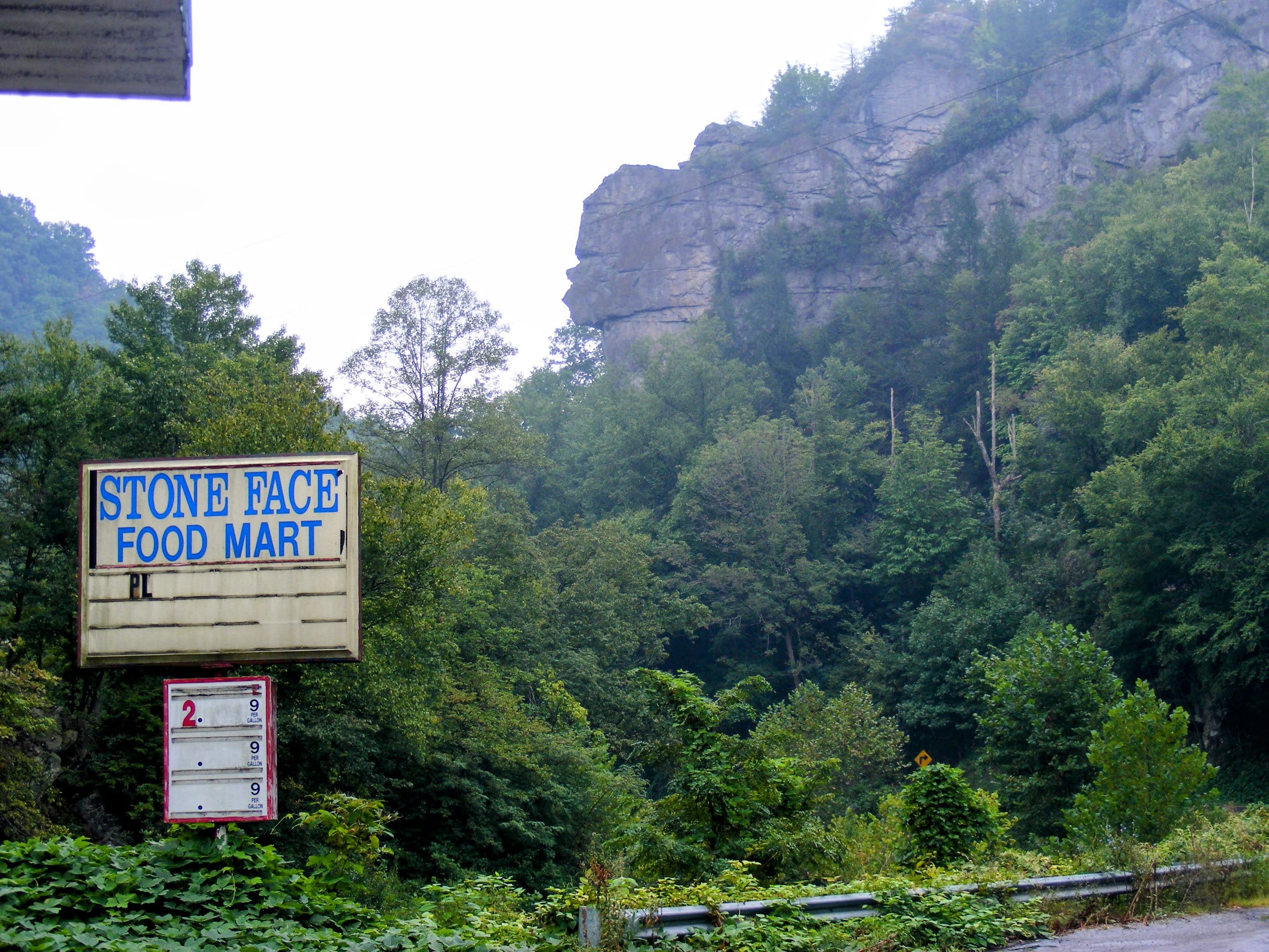 The Great Stone Face rock formation as seen from the road
